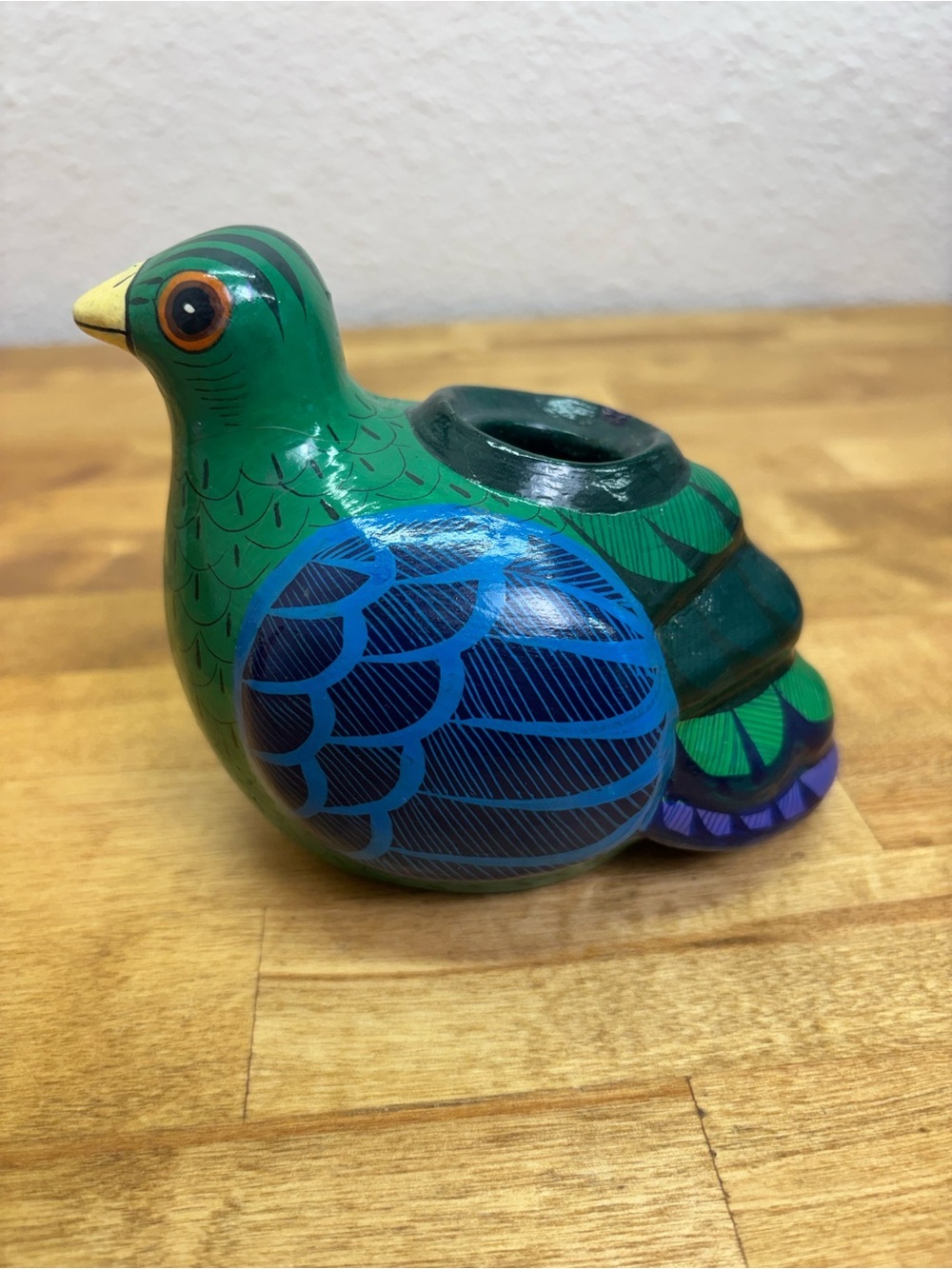 Signed M Palacios Mexico Tonala Pottery Bird Bud Vase Hand Painted Ceramic
